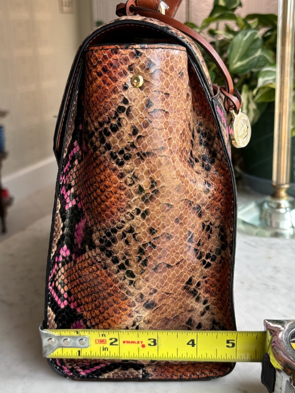Brahmin Brown & Pink Python-Embossed Satchel with Gold Hardware - Picture 9 of 9